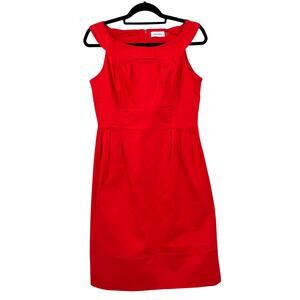 Calvin Klein Red Pleated Boat Neck Sleeveless Knee Length Career Sheath Dress
